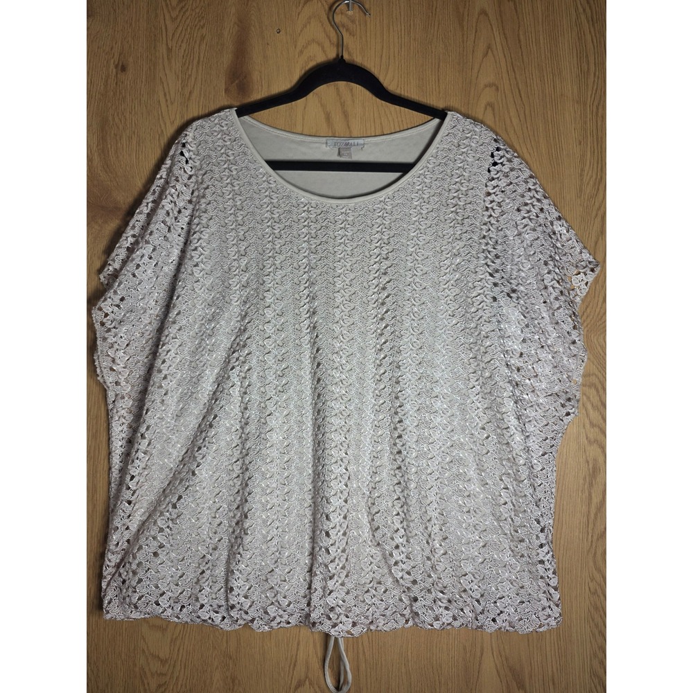 Roz & Ali Women 2X Top Metallic Silver Beige Crochet Knit Drawstring Hem Blouse